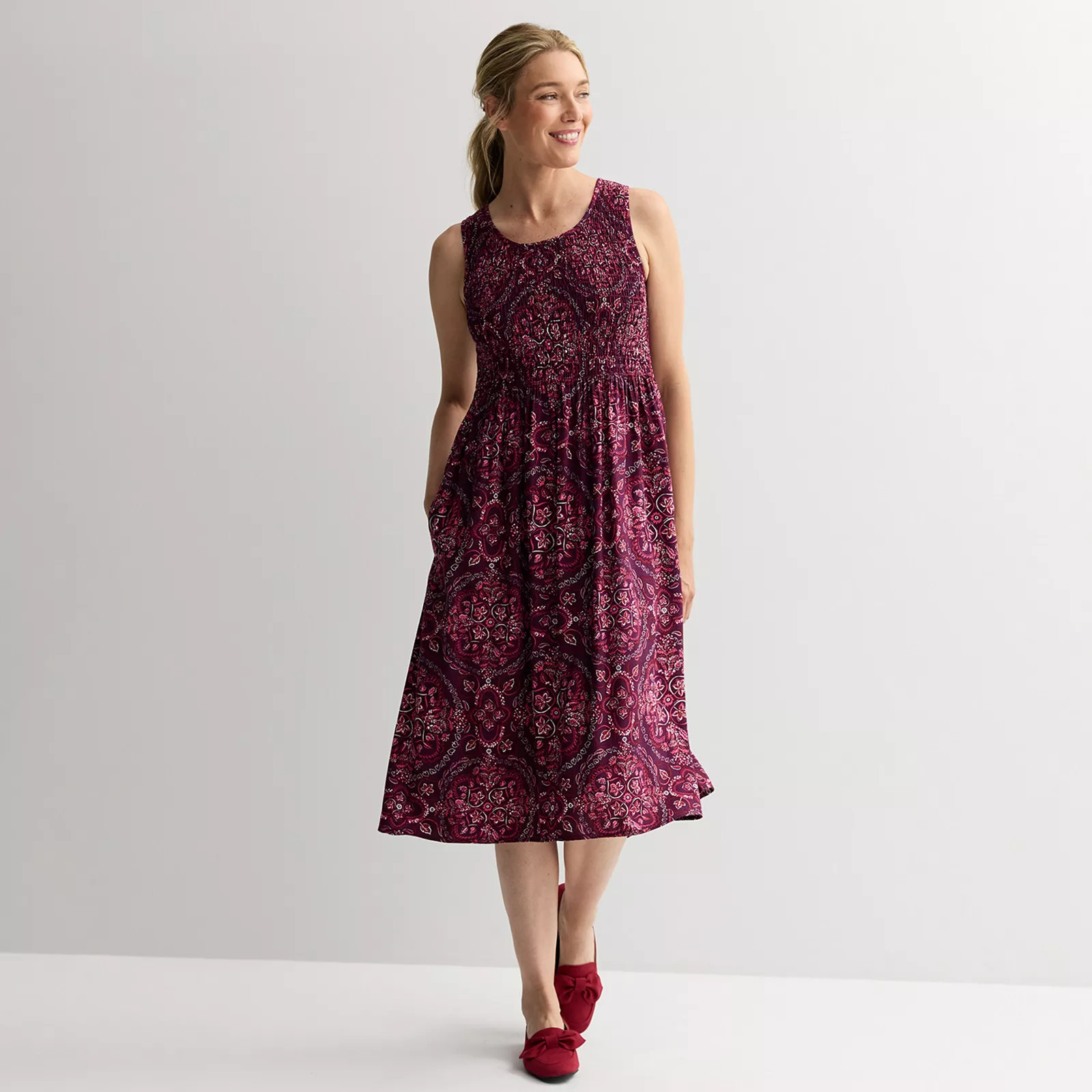 Women's Croft & Barrow® Smocked Midi Dress, Size: XS, Red Autumn Tile | Kohl's