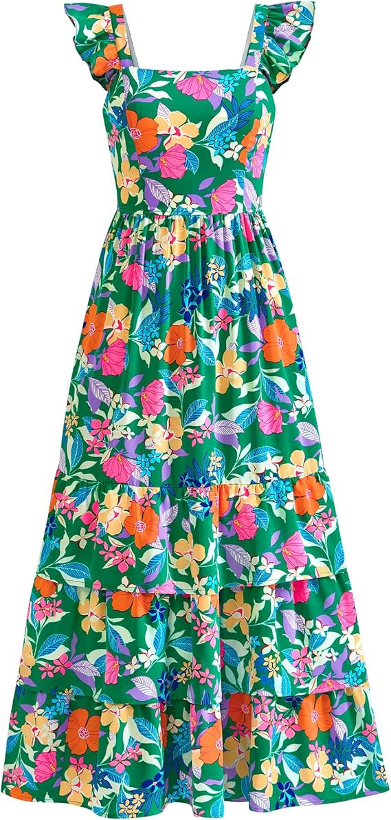 dowerme Summer Dresses for Women 2025 Casual Ruffle Smocked Tiered A-Line Boho Floral Maxi Beach ... | Amazon (US)