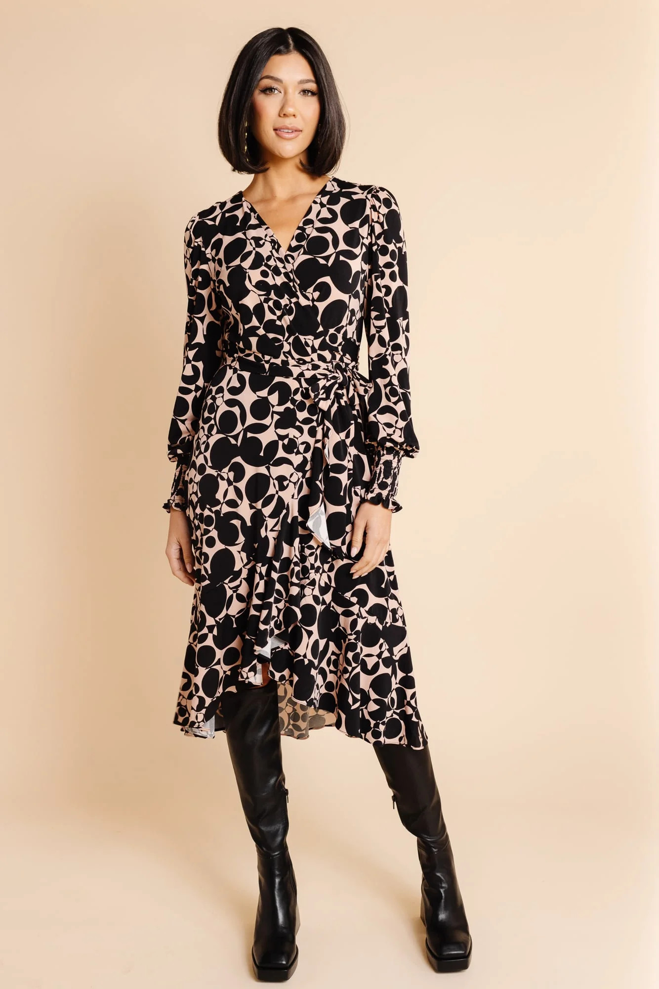 Retro Print Jersey Wrap Dress - Black/Blush Nude | Rachel Parcell