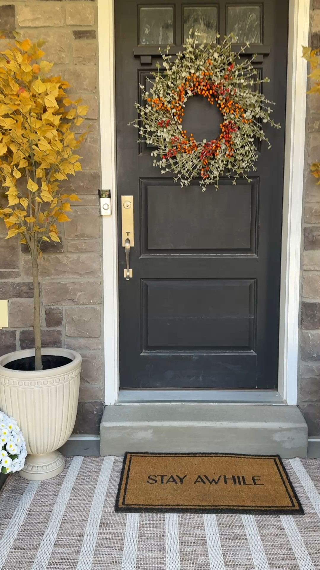Fall porch, fall porch decor, fall porch ideas, front porch rug, neutral rug, fall wreath, fall trees, front porch pots 

#LTKSeasonal #LTKFindsUnder50 #LTKHome