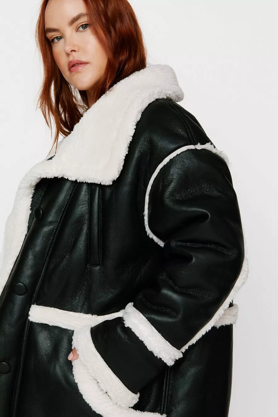 Plus Size Longline Faux Leather Bonded Aviator Coat | Nasty Gal US