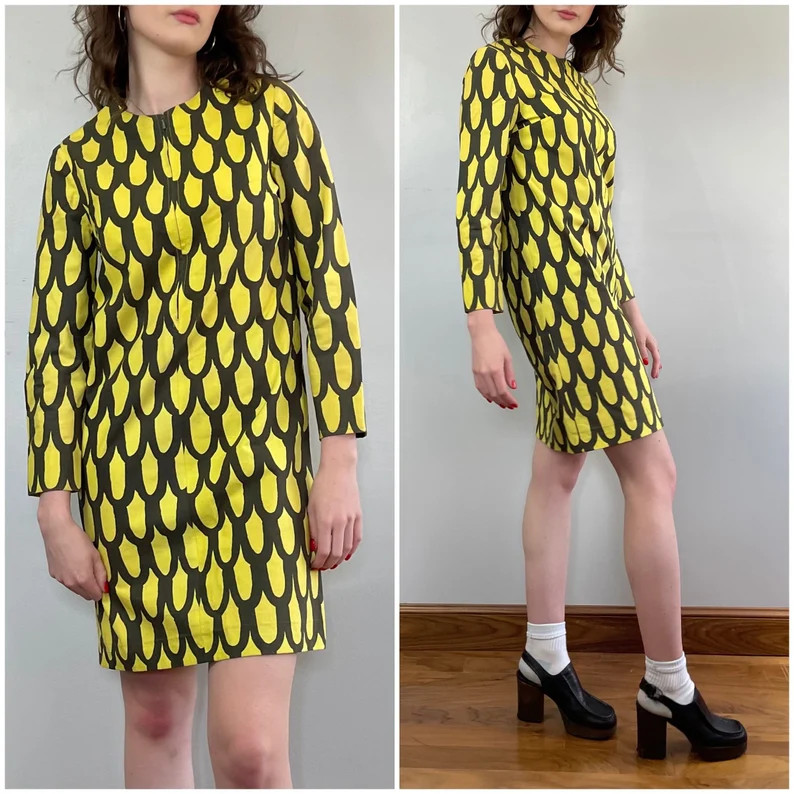 Vintage 1960's Marimekko dress/60s Marimekko Finland yellow and black mod mini shift/zip front co... | Etsy (Global)