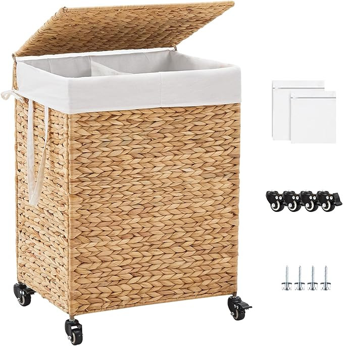 Amazon.com: LGENHOOM 2-Section Laundry Hamper with Lid, Large Capacity Woven Natural Water Hyacin... | Amazon (US)