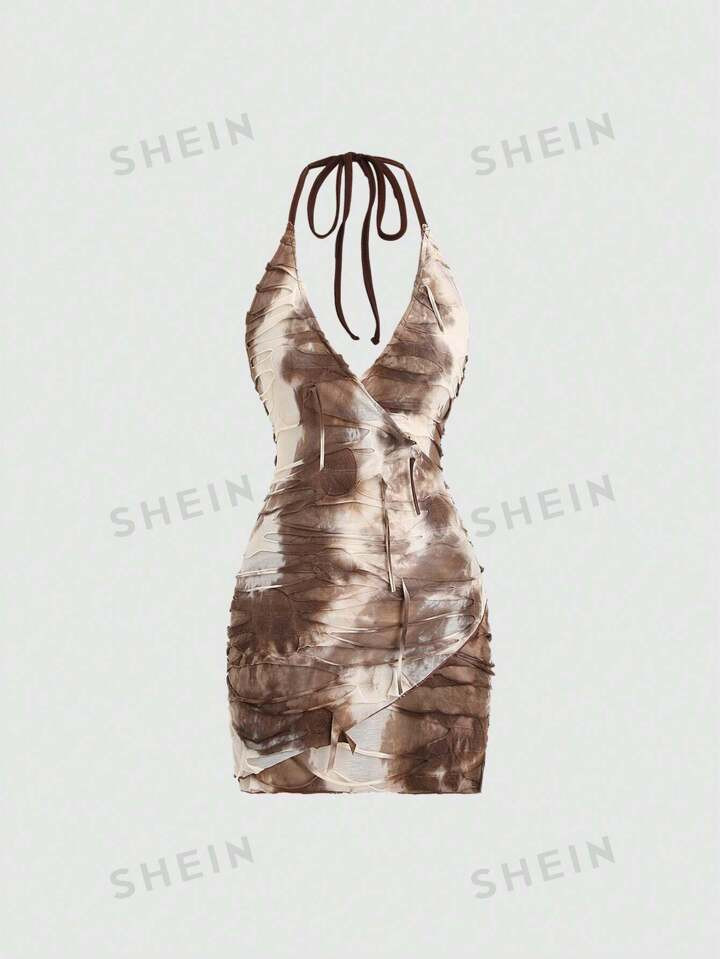 SHEIN ICON Ladies' Tie-Dye Distressed Halter Neck Strap Dress | SHEIN