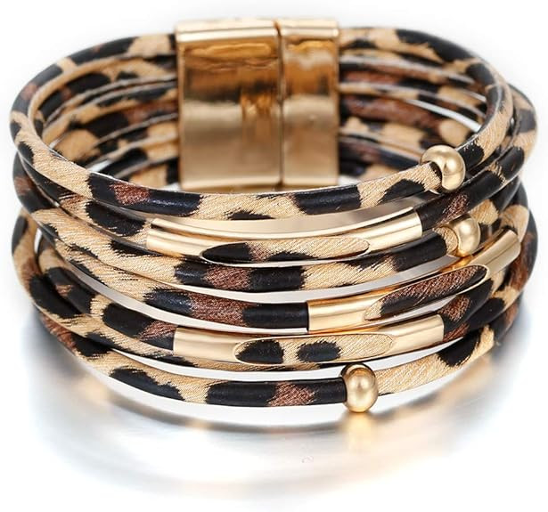 Leopard Printed Bracelets for Women (7.68”) Multi Layered Animal Cheetah Print Boho Leather Wra... | Amazon (US)