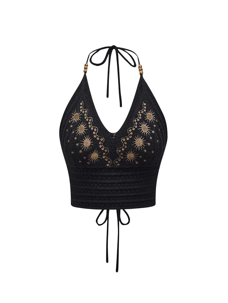 SHENHE Women's Open Back Knitted Halter Crop Top Tie Backless Embroidered Hippie Top | Amazon (US)