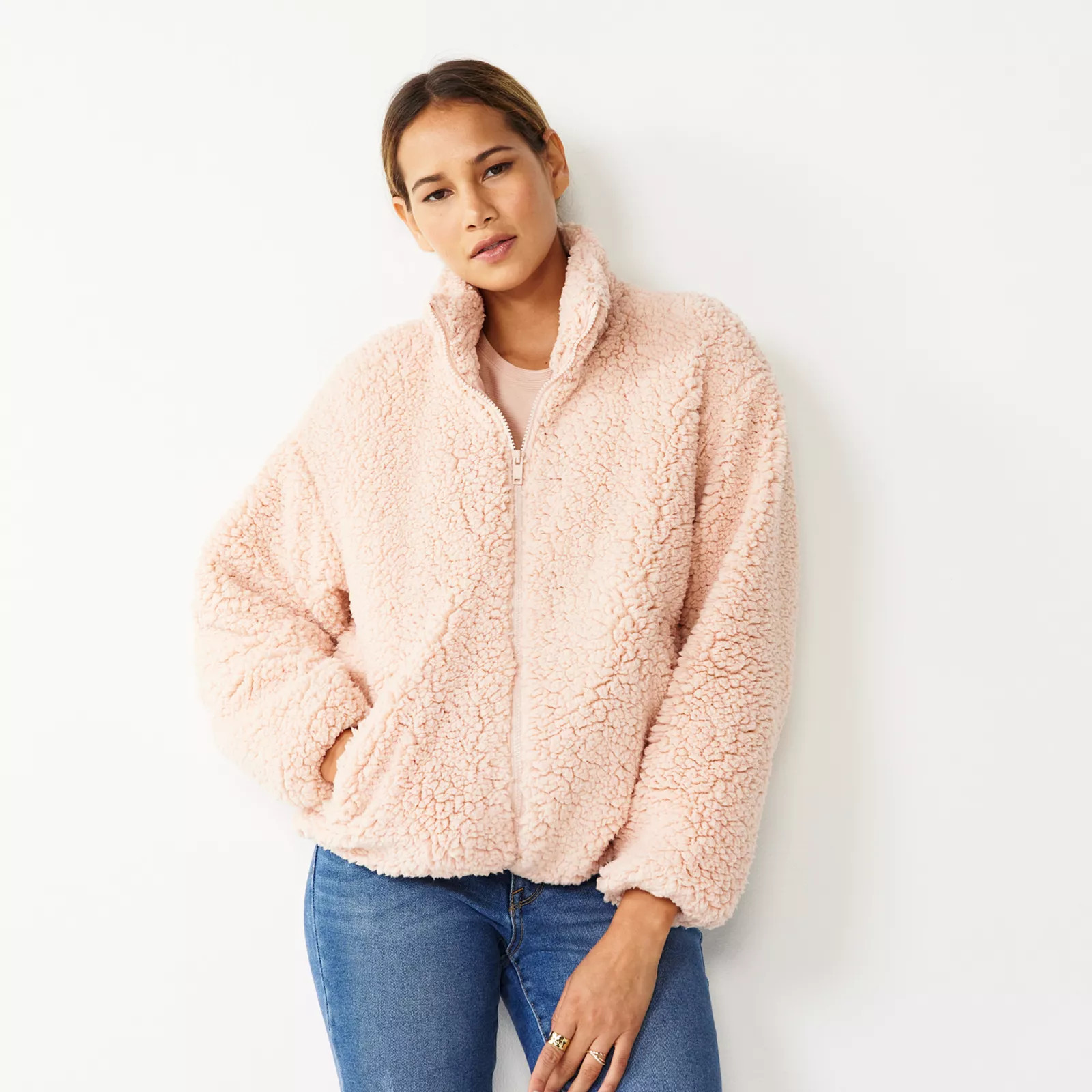 Petite Nine West Zip Up Teddy Jacket, Women's, Size: XXL Petite, Light Pink | Kohl's