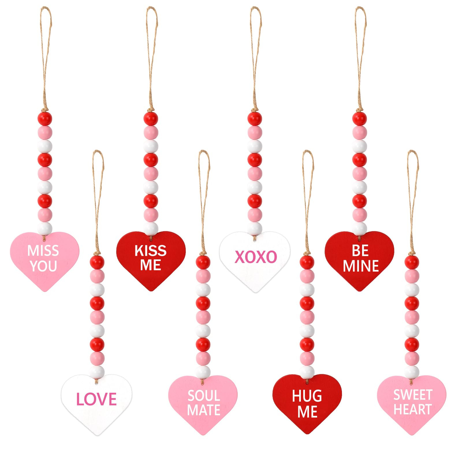 8Pcs Valentine's Day Wood Bead Garland with Love Heart Tag Red Pink White Conversation Heart Hang... | Amazon (US)