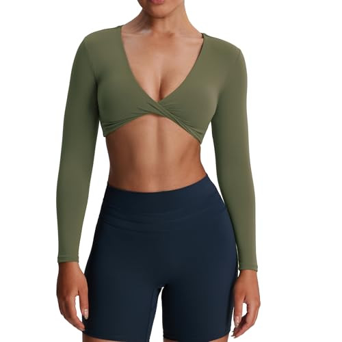 Aoxjox Long Sleeve Crop Tops for Women Sienna Twist Deep V Workout Cropped T Shirt Top | Amazon (US)