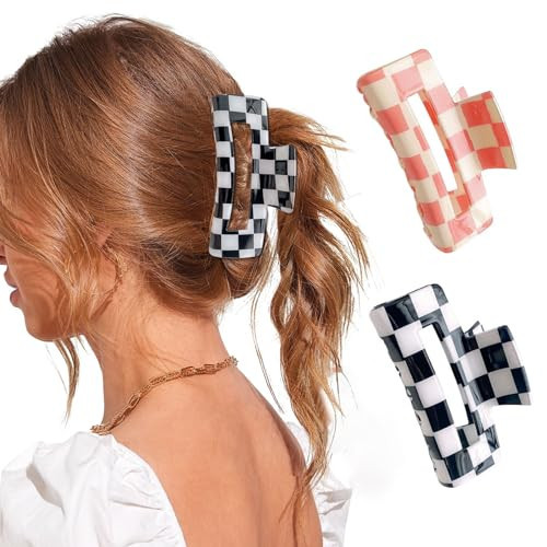 Paderison Claw Clips 2Pcs Checkered Hair Claw Clips for Women Multicolored Rectangle Hair Clips Strong Hold Claw Clips Y2K Hair Barrettes Hair Accessories for Women Girls Thin Thick Hair | Amazon (US)