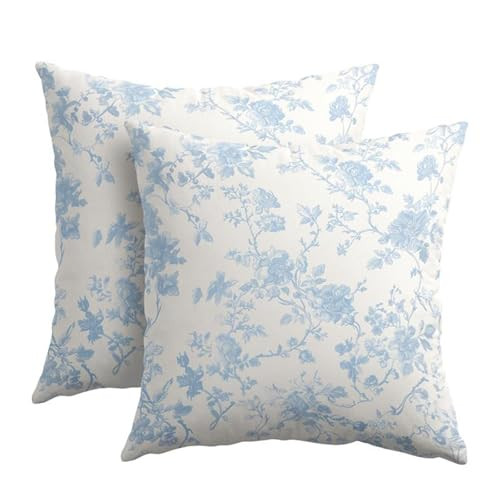 Kawani Baby Blue Floral Pillow Covers 18x18 Inch Set of 2 Blue and Cream Chinoiserie Flower Outdoor Decorative Throw Pillows Vintage Rustic Toile Pillowcases Cushion Covers for Couch Home Decor | Amazon (US)
