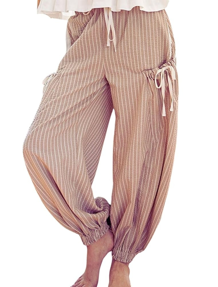 Women Drawstring Striped Pants Loose Wide Leg Casual Lounge Pants with Pockets | Amazon (US)