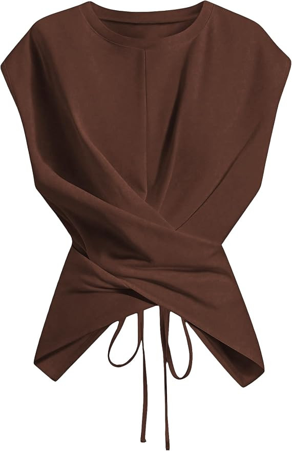 Verdusa Womens Cinched Waist Wrap Top Cap Sleeve Tie Back Asymmetrical Tops | Amazon (US)