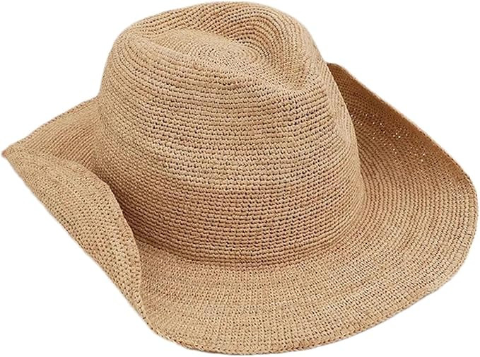 Mnjyihy Womens Hand-Woven Crochet Raffia Sun Hat Summer Western Cowboy With Curled Brim Beach Sun... | Amazon (UK)