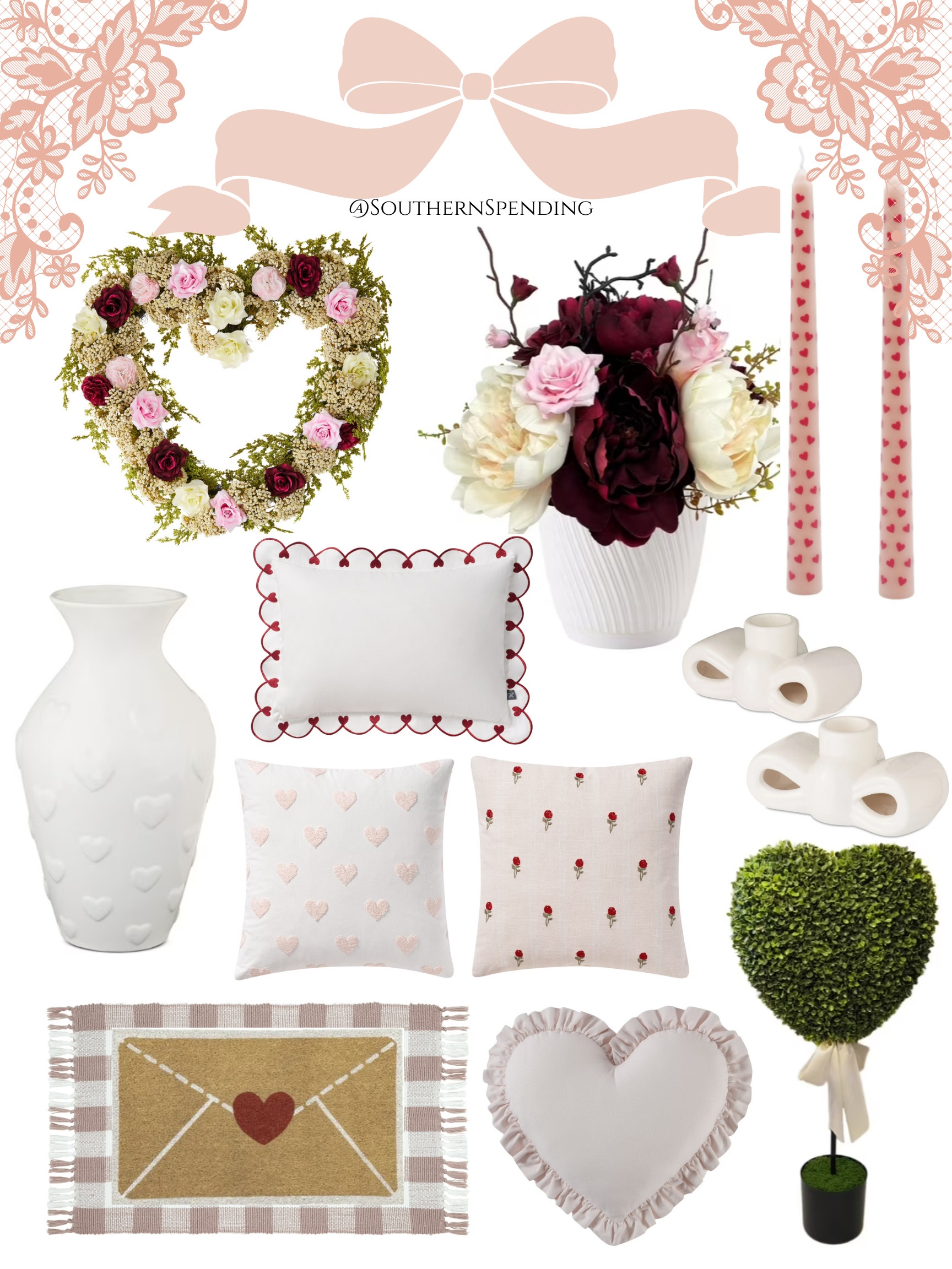 Valentine's Day home decor.

Faux floral plant, wreath, boxwood topiary, heart, candles, candle holder, vase, pillow cover, doormat, rug 

 #LTKSeasonal #LTKHome #LTKFindsUnder50
