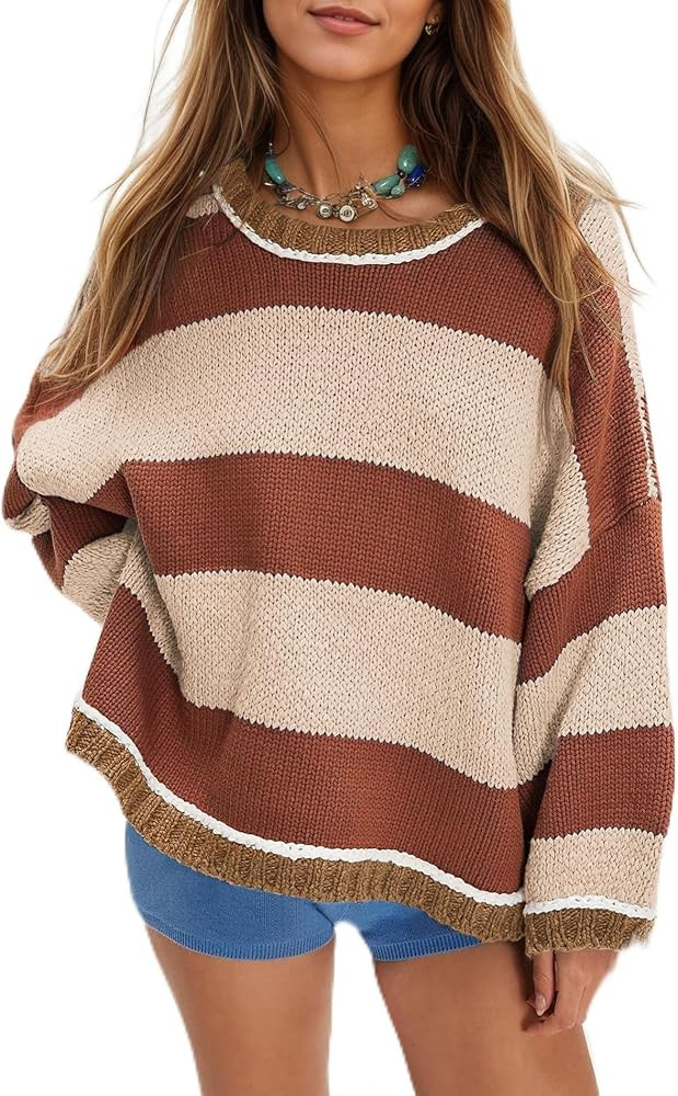 Women's Chunky Knit Striped Sweaters Casual Long Sleeve Crew Neck Oversized Pullover Sweater Wint... | Amazon (US)