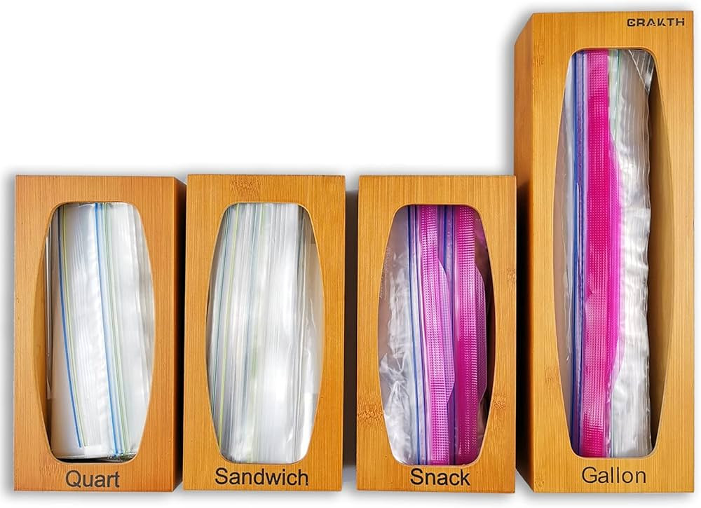 Bamboo Plastic Bag Storage Organizer for Kitchen Drawer, 4 Separate Baggie Organizer, Suitable fo... | Amazon (US)
