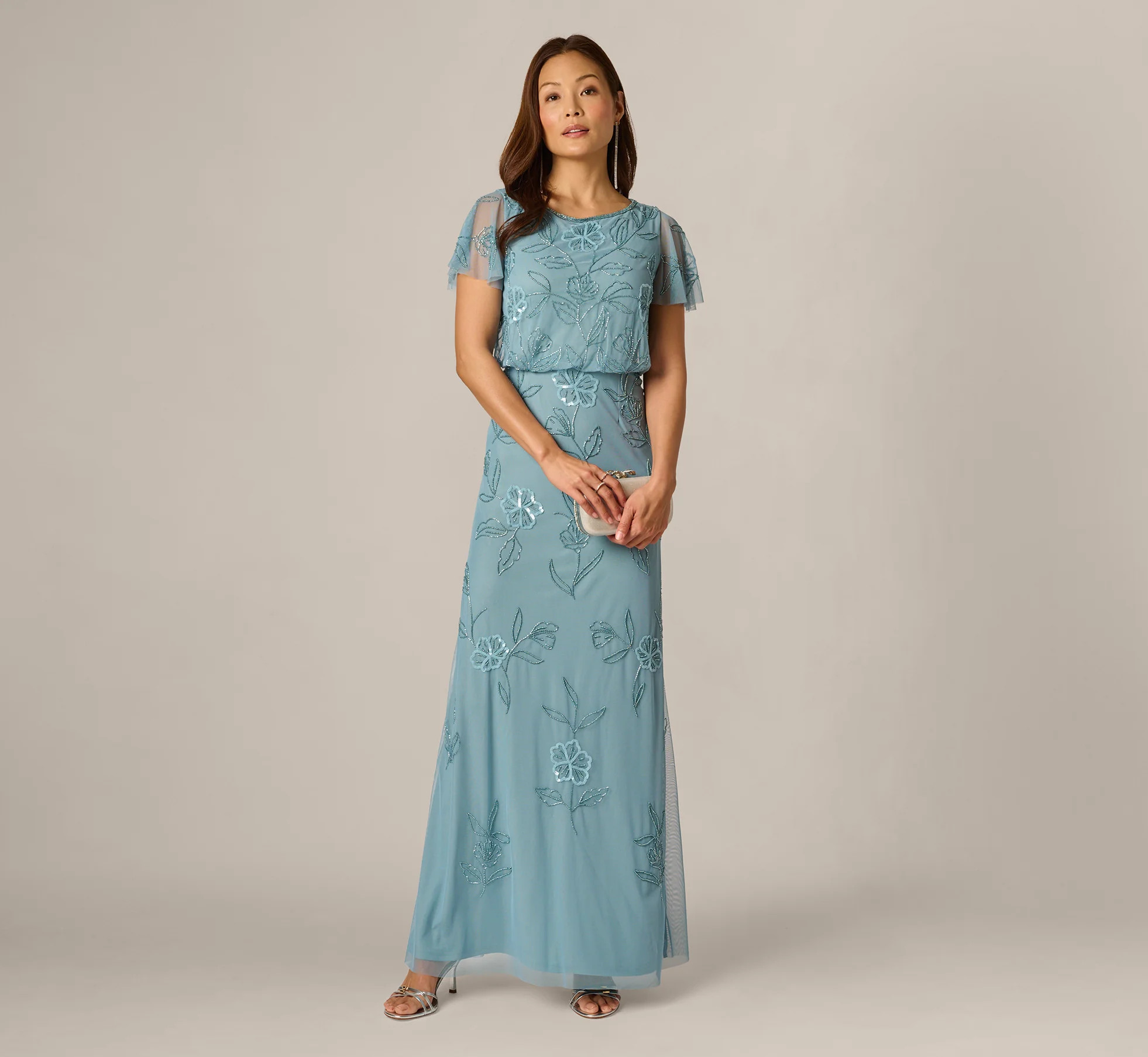 Flutter Sleeve Floral Beaded Blouson Gown In Air Sky | Adrianna Papell