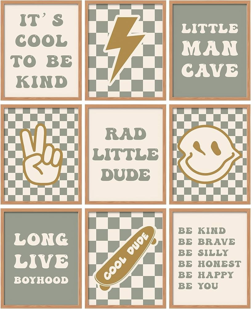 Eersida 9 Pcs Retro Checkered Preppy Lightning Peace Sign Long Live Boyhood Rad Little Dude Poste... | Amazon (CA)