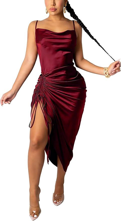 AOZZO Women's Summer Sexy Ruched Midi Dress Adjustable Spaghetti Strap Bodycon Drawstring Side Sl... | Amazon (US)