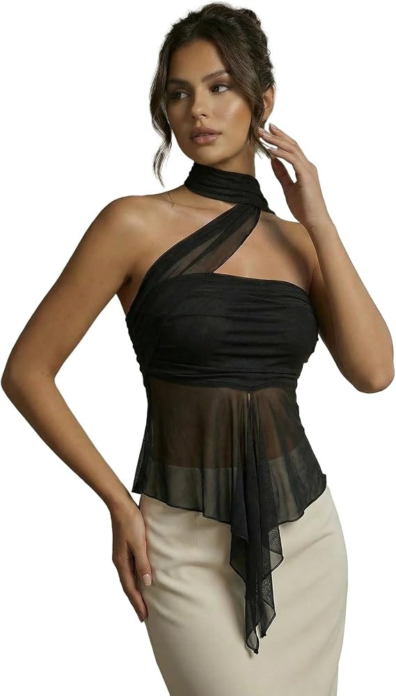 OYOANGLE Women's Sheer Ruffle Trim Halter Going Out Tops Asymmetrical Hem Ruched Sleeveless Fitte... | Amazon (US)