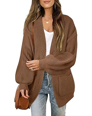 MEROKEETY Women's Fall Open Front Long Lantern Sleeve Cardigan Oversized Chunky Outwear with Pock... | Amazon (US)