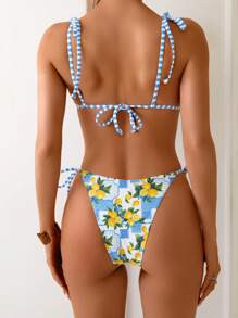 Swim Vcay Women Beach Summer Music Festival Bowknot Stripe Lemon Printed Knot Cute Holiday Bikini... | SHEIN