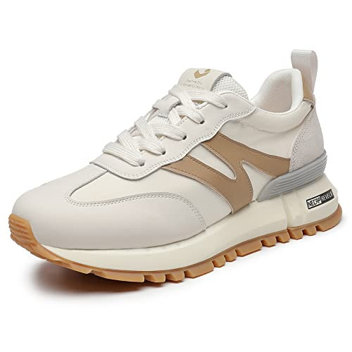 somiliss Sneakers for Women Genuine Leather Suede Patchwork Casual Lace Up Non-Slip Walking Shoes Comfortable Tennis Running Shoes Womens Fashion Sneakers Beige | Amazon (US)
