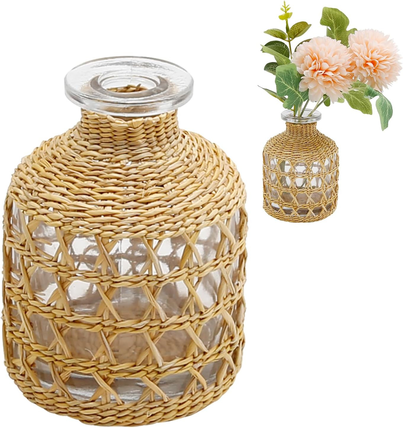 Flower Vases with Rattan Cover Straw Woven Glass Vase Boho Glass Flower Vase for Arrangement Tabl... | Amazon (US)