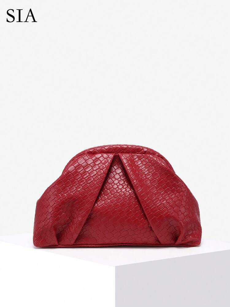 Women's Vintage Minimalist Beaded Sequin Tropical Plant Woven Embossed Angola Red Rivet Decor Large Capacity Pleated Cloud Clip Clutch Handbag, Suitable For Outings, Banquets, And Daily Wear | SHEIN