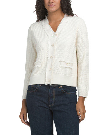 Frayed Waffle Knit Cropped Cardigan Sweater | TJ Maxx