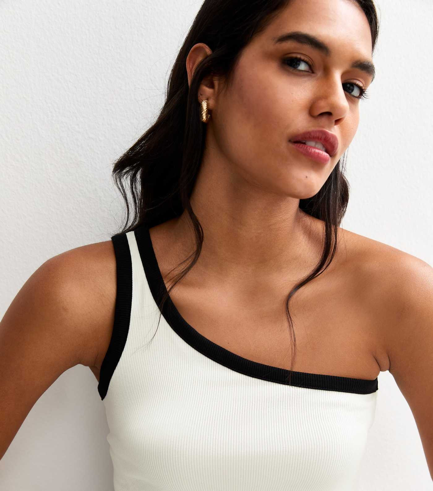 Off White Ribbed Contrast Trim One Shoulder Top | New Look | New Look (UK)