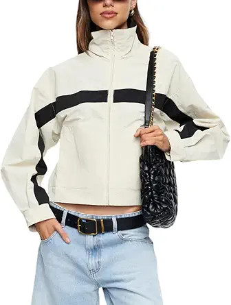 Lviefent Womens Cropped Jacket Color Block Stand Collar Windbreaker | Amazon (US)