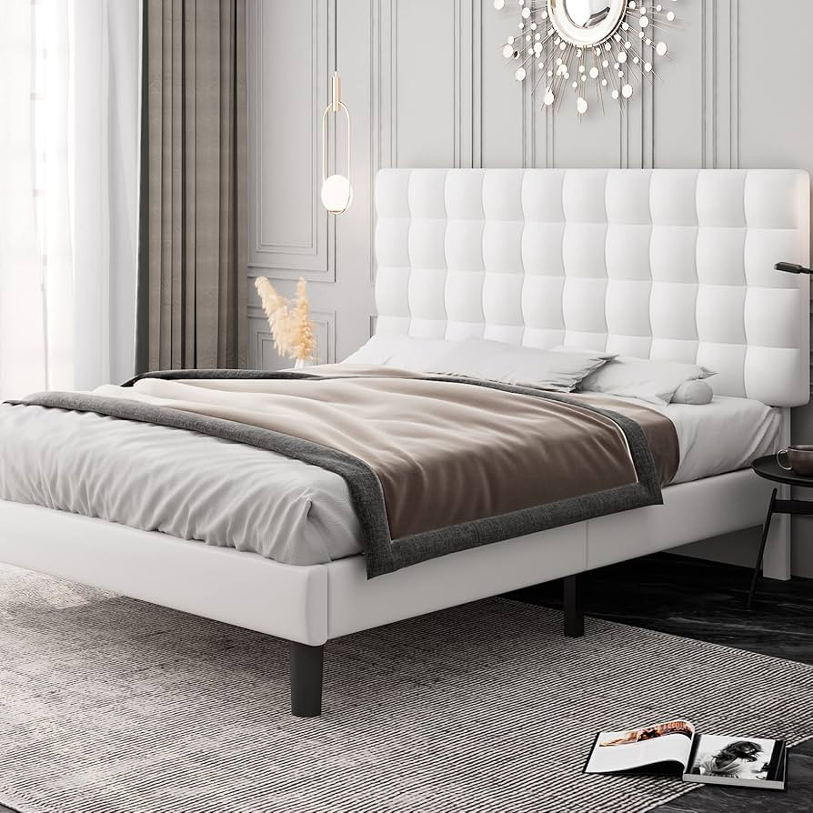 Feonase Queen Bed Frame with Square Stitched Headboard, Faux Leather Upholstered Platform Bed Fra... | Amazon (US)