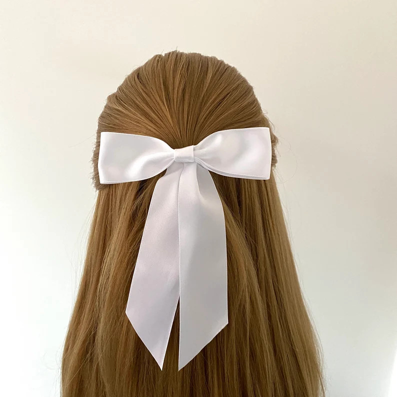 Satin Hair Bow, White Satin Long Tail Bow, Bridal Satin Bow, Satin Hair Bow, Satin Bow Hair Clip.... | Etsy (UK)