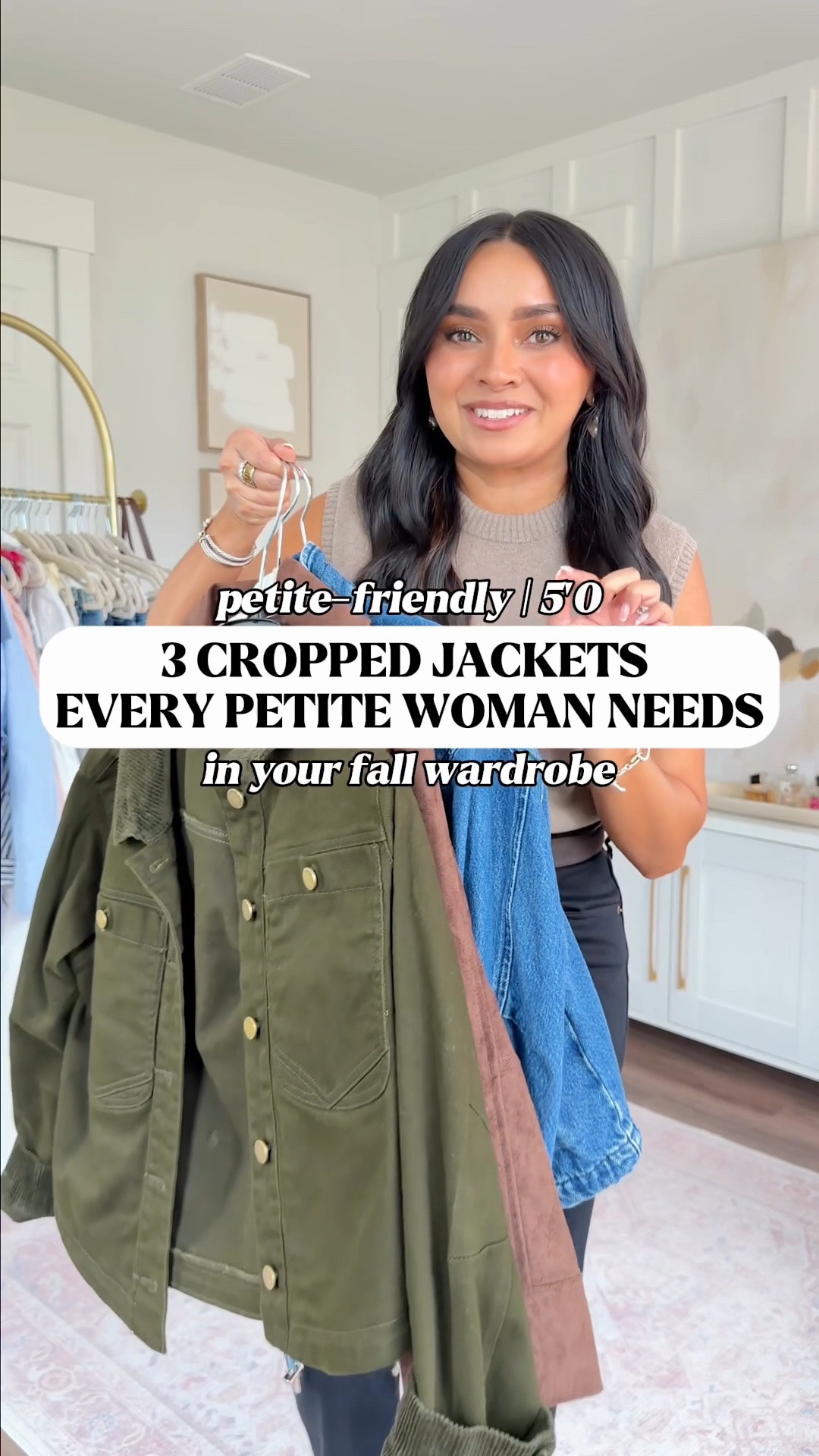 3 cropped jackets every petite woman should have in their closet going into fall! 
For reference: I’m 5’0, petite, 32b bra size, and 2/26 in bottoms, pear shaped. 
*Everything I share is unaltered! TTS means true to size. Between size 5-6.5 in shoes

Denim jacket size xxs regular TTS - Often restocks so check back if your size isnt available. I linked similar options as well!
Dark brown faux suede jacket size xs petite TTS
Olive green winter moss jacket size xs regular TTS
Tan sweater is old from Abercrombie - similar linked
Black jeans size 26 short classic TTS
Brown cigar color mesh flats size 5.5 TTS



Fall outfits women
Closet essentials
Capsule wardrobe
Styling tips

#LTKPetite #LTKootd #LTKxMadewell