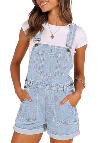 Pink Queen Denim Bib Short Overalls Casual Loose Adjustable Straps Cuffed Hem High Waisted Shorts Jean Rompers for Women Streetwear Outfits Light Blue 2XL | Amazon (US)