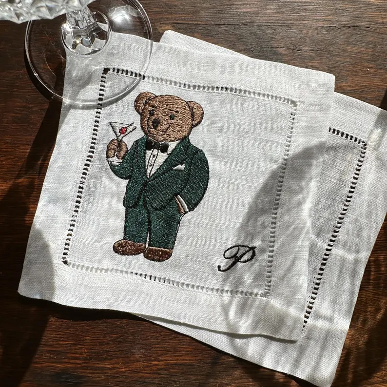 Tuxedo Bear Martini Personalized Embroidered Cocktail Napkins, Monogram, Trendy, Chic - Etsy | Etsy (US)