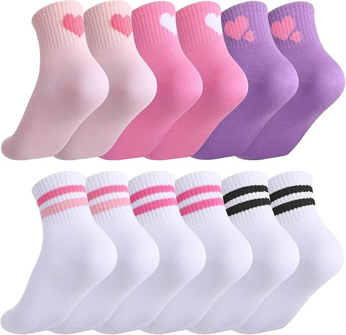 Jspupifip 6 Pairs Kids Girls Pink White Crew Athletic Socks with Stripes Hearts,Casual Stretchy S... | Amazon (US)