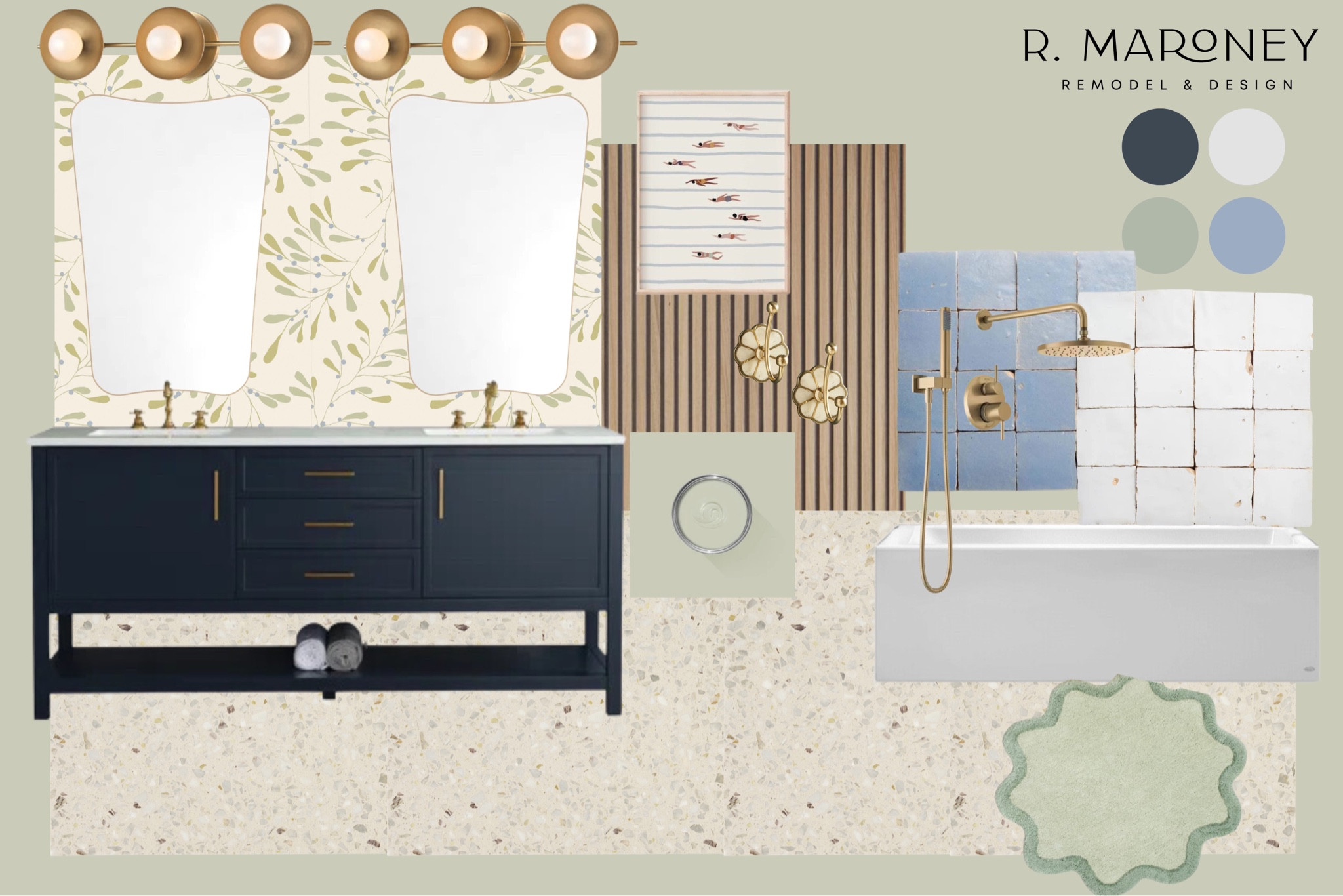 This fresh and springy kids or family bathroom combines cool tones with natural wood and gold accents for warmth. All tiles are Zia tile, not linked. Designed by R. Maroney Remodel & Design.