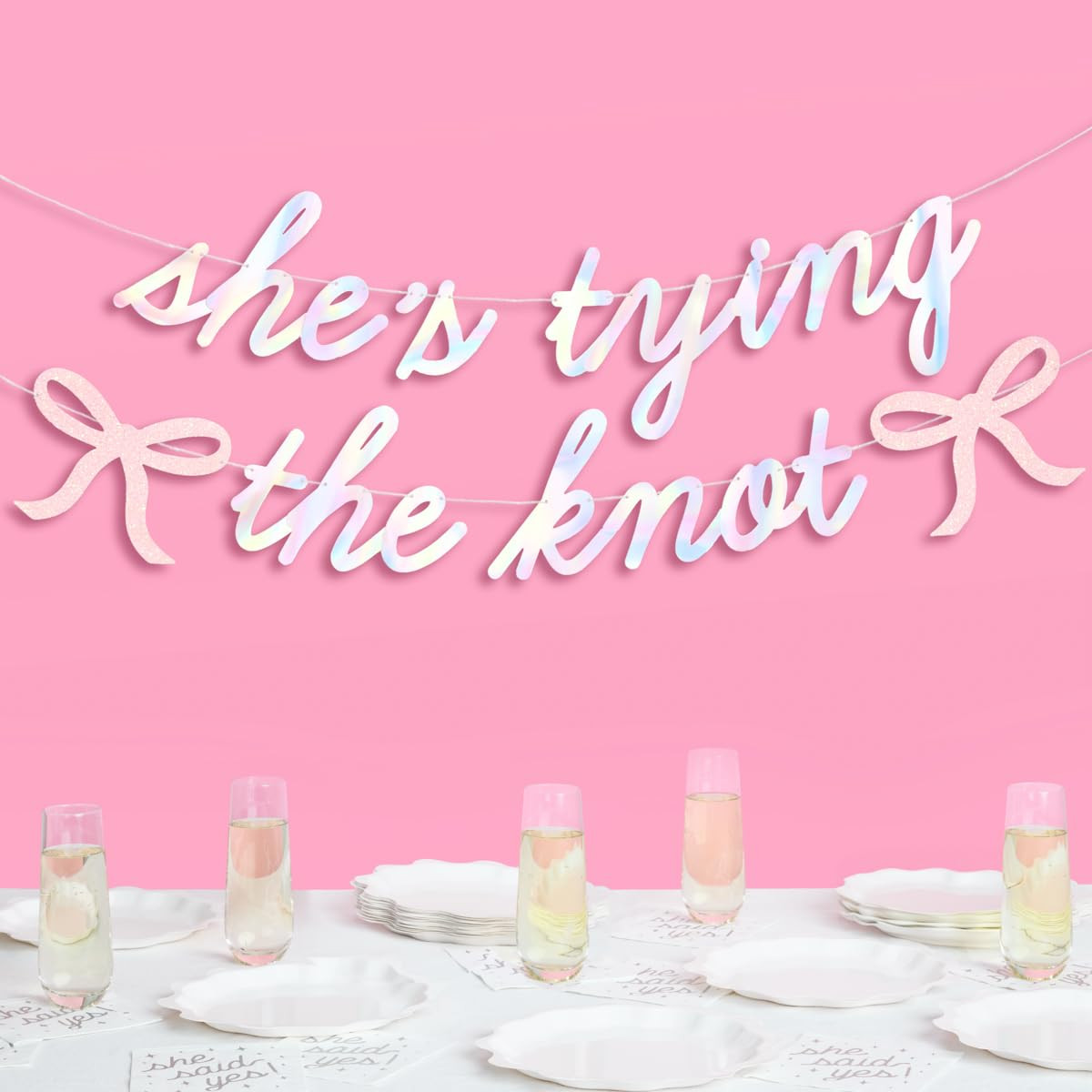 xo, Fetti She's Tying the Knot Banner - Iridescent Foil | 4.5 Ft. | Bow Bachelorette Decorations,... | Amazon (US)