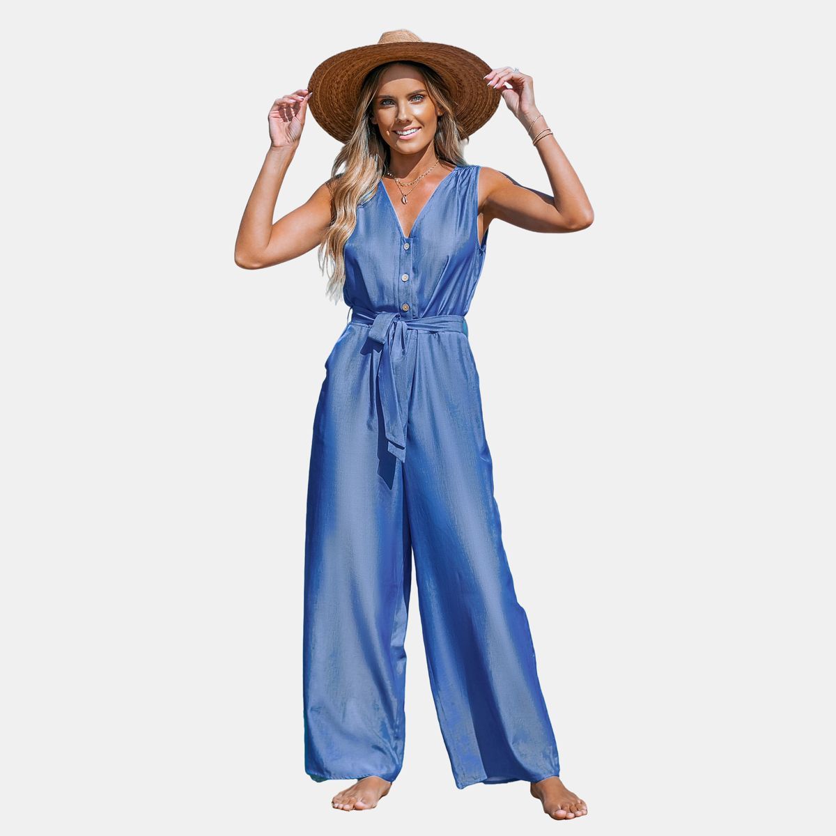 Women's Front Button Tie-Waist Wide Leg Jumpsuit - Cupshe | Target