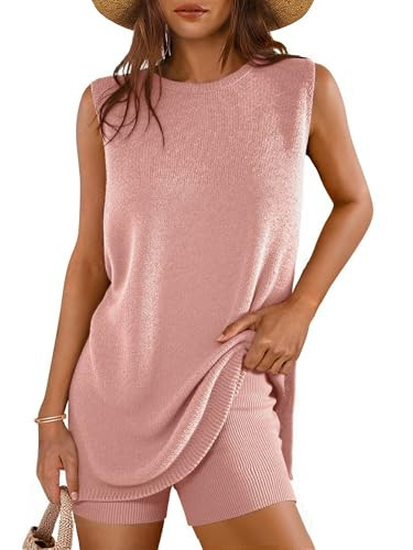 Glamaker Women's 2 Piece Shorts Sets Summer Sweater Ribbed Knit Tunic Top Matching Set Beach Vacation Outfits (Grey Pink M) | Amazon (US)