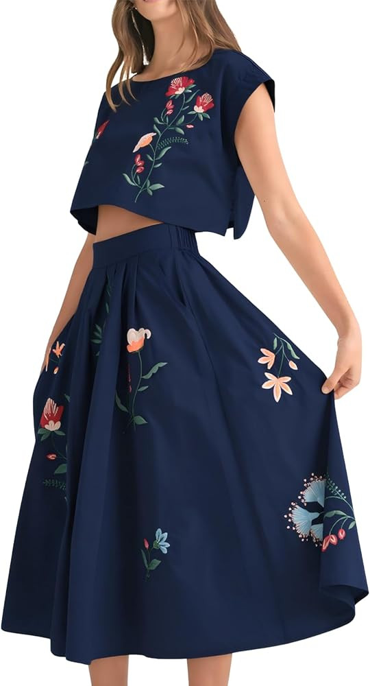 Women Floral Embroidery Dress Sleeveless 2 Piece Tank Top and Skirt Loose Fit Boho Dress | Amazon (US)