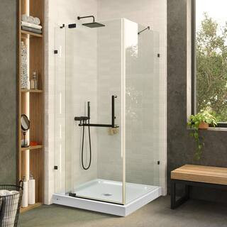 Frameless Corner Shower Stall w/ 30 in. L x 30 in.W Shower Base in Satin Brass 28 in. L x 28 in. W x 74 in. H Enclosure | The Home Depot