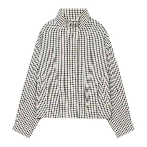 Plaid Bomber Jacket Women Stand Collar Oversized Zip Up Coat with Pockets | Amazon (US)
