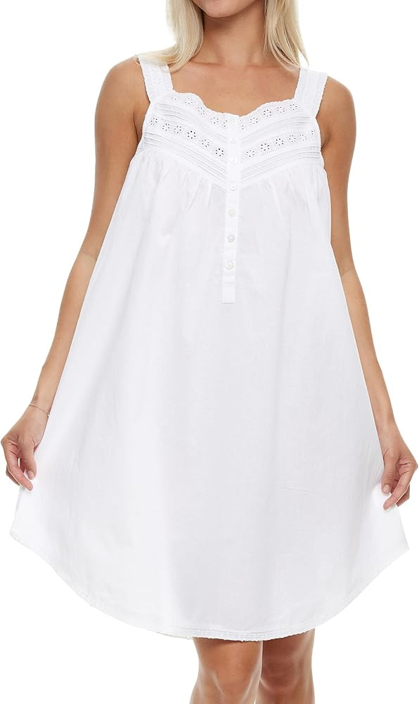 Alexander Del Rossa 100% Cotton Nightgowns for Women, Sleeveless Lace Trimmed Button Up Short Vin... | Amazon (US)