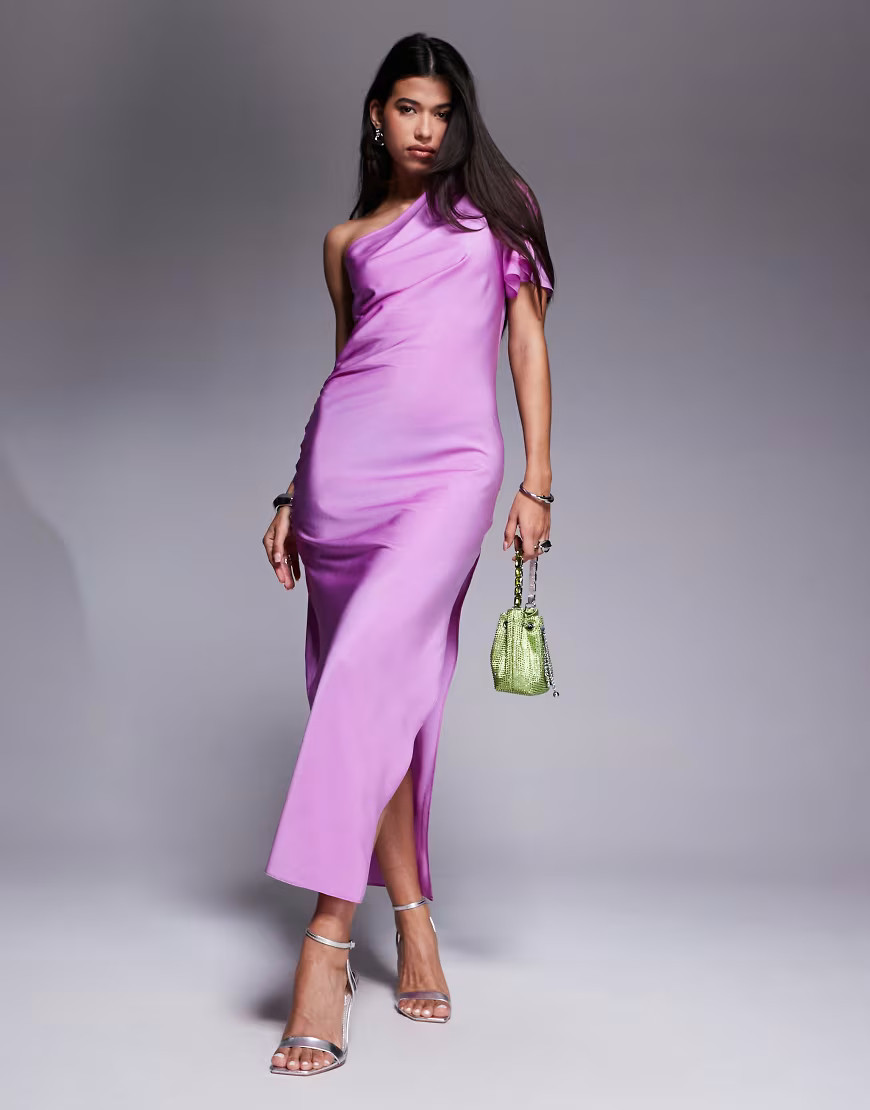 ASOS DESIGN – Satin-Midikleid in Rosa-Flieder mit One-Shoulder-Flatterärmel-Lila | ASOS (Global)