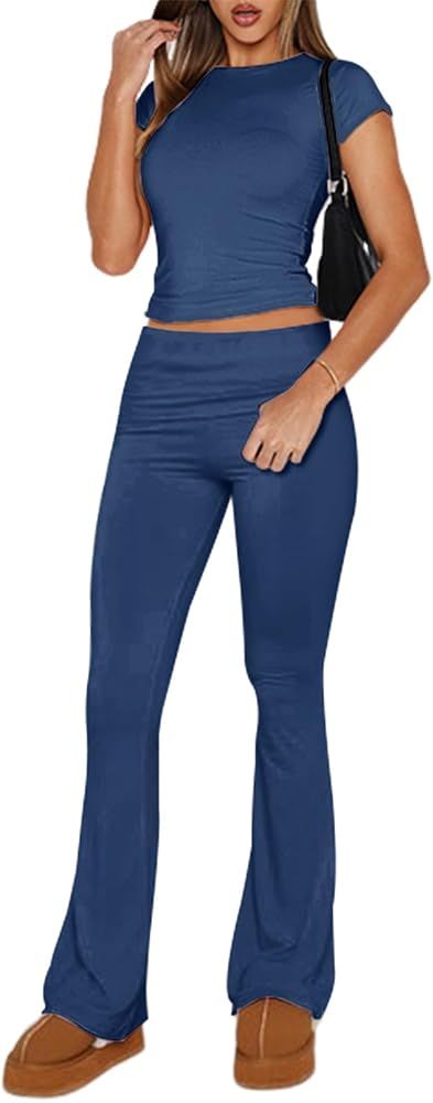 Ivicoer Stylish Women's 2 Piece Outfits Soft Short Sleeve Crop Tops and Fold over Yoga Pants Y2k ... | Amazon (US)