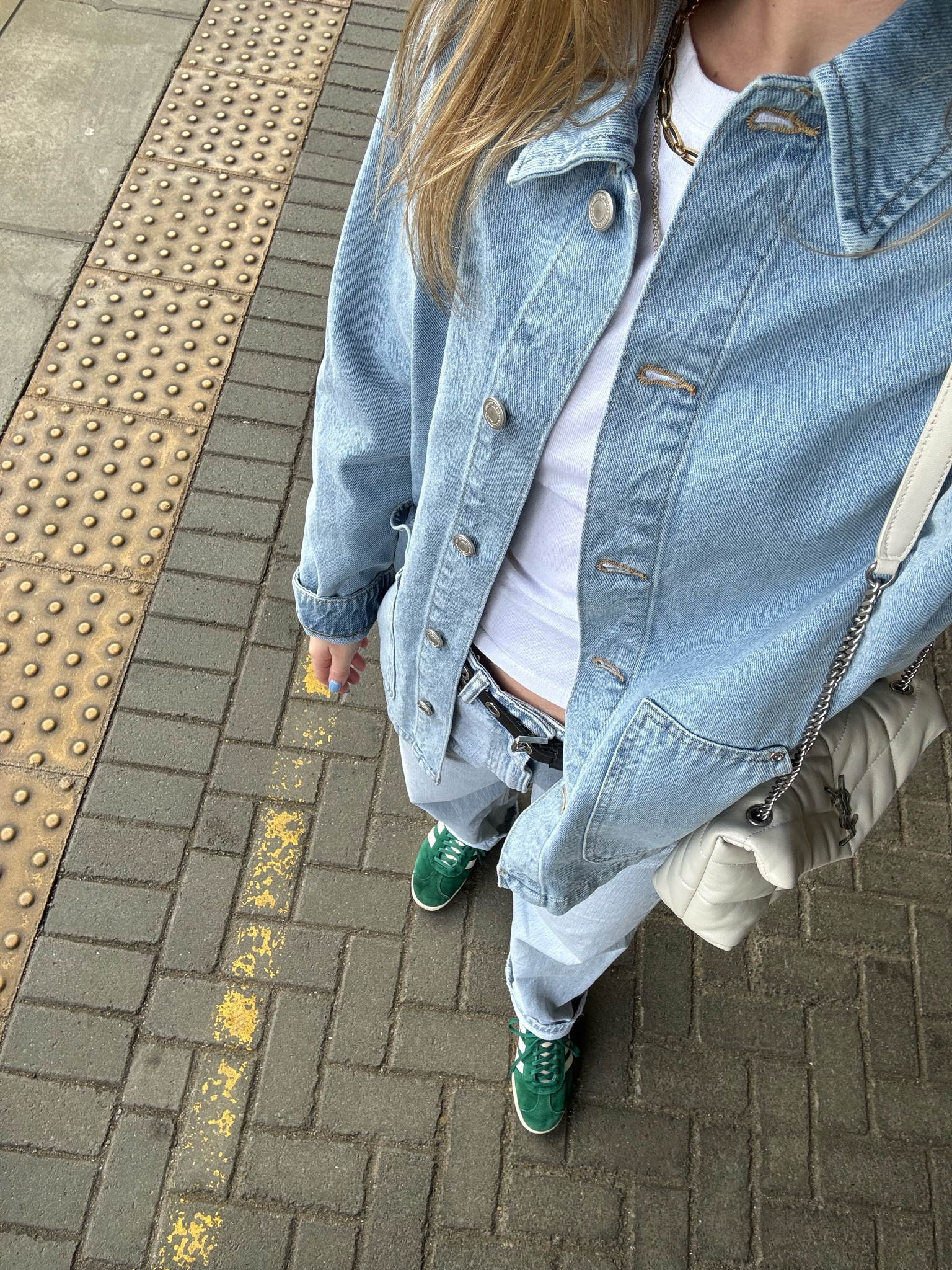 Green adidas gazelles, baggy barrel jeans, denim on denim, all saints black belt, skims basic white t shirt, casual outfit, uk fashion, London fit,  spring jacket, spring capsule, y2k, laidback look, samba outfit 

#LTKstyletip #LTKeurope